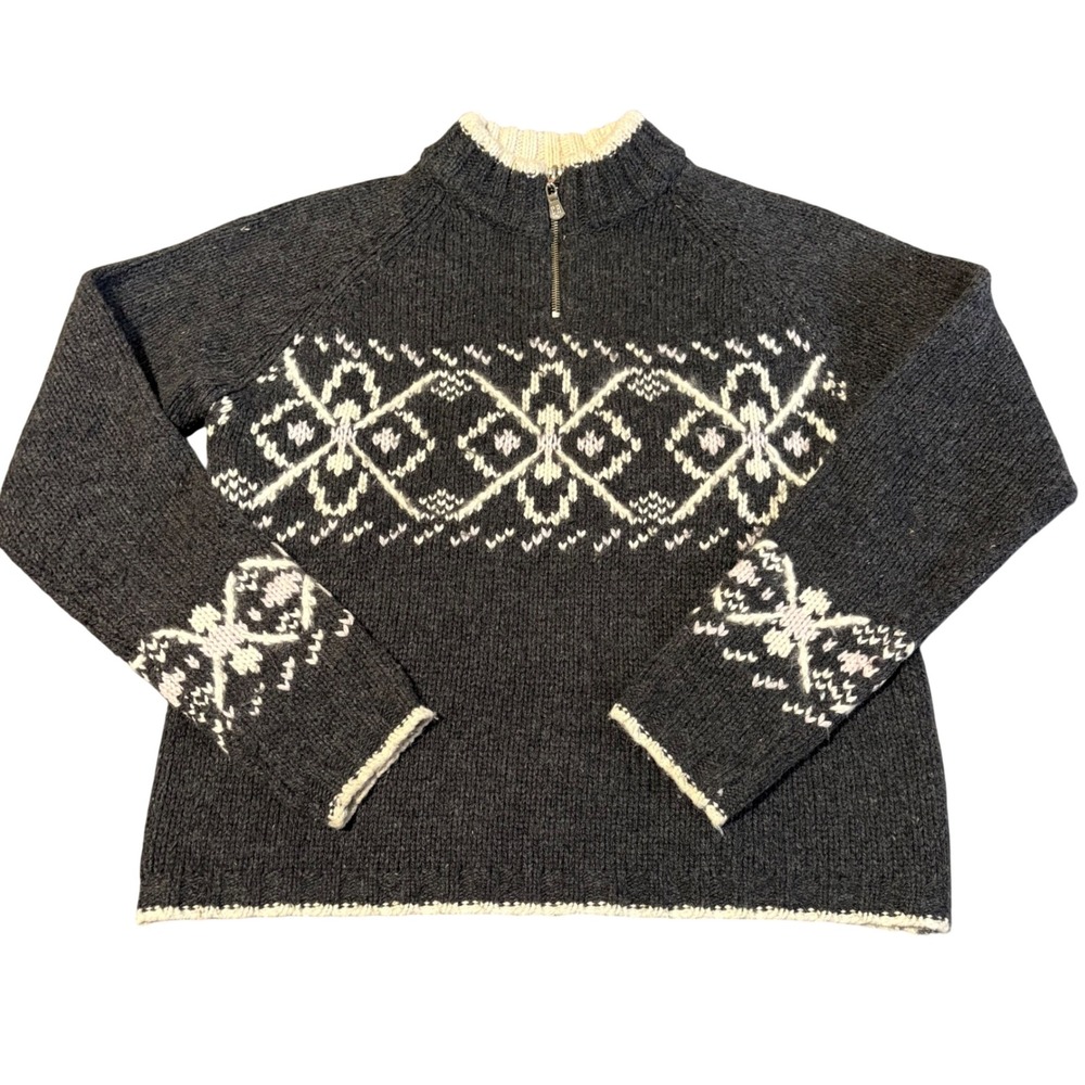 Vintage Hong Kong Sweater Womens S 6-8 Grey Nordic Fair Isle 1/4 Zip Wool Blend